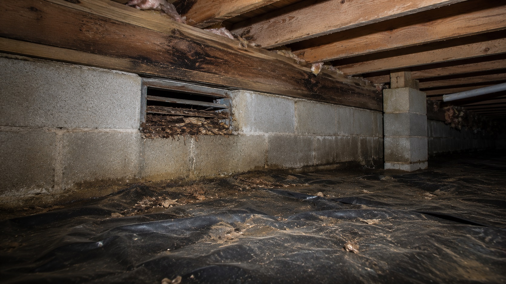 Blocked crawl space foundation vent with debris, damp wood framing, stained concrete blocks, and a dirty vapor barrier showing signs of poor ventilation.