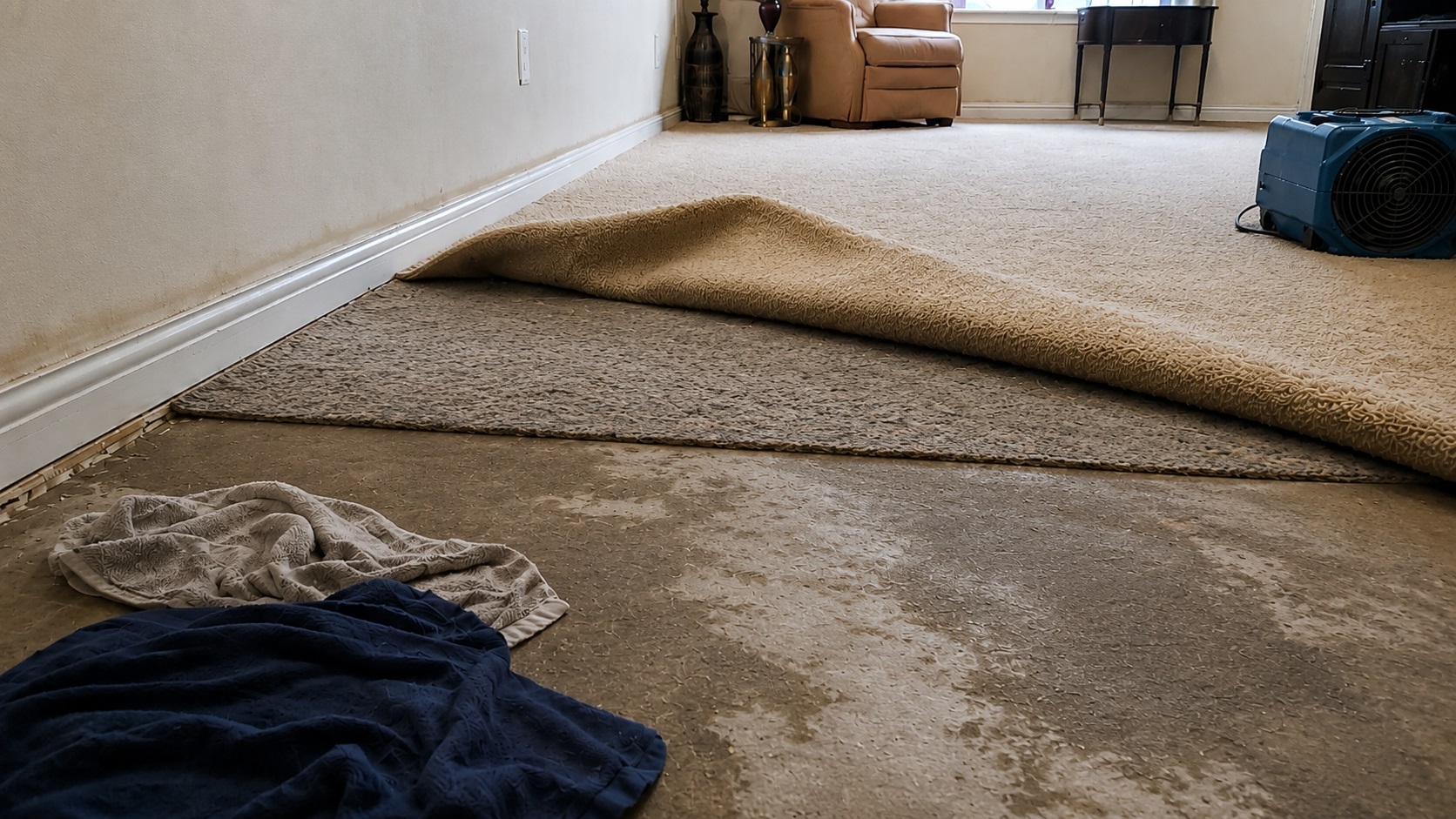 Pulled-back carpet reveals damp padding and stained subfloor during flood recovery with towels and a drying fan nearby.