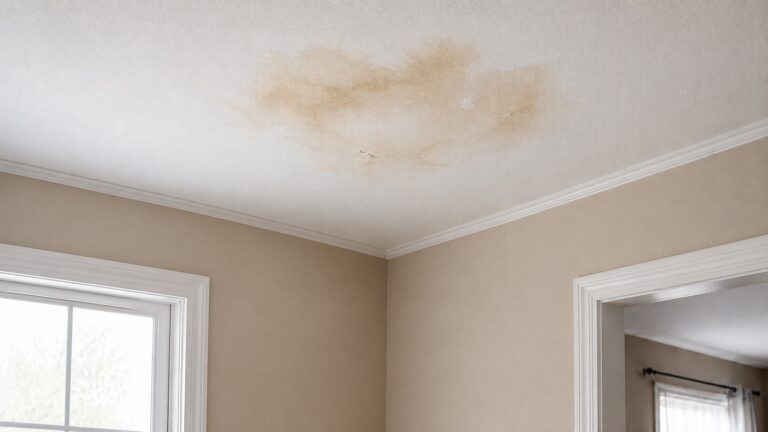 Brown water stain and faint wall streak on a textured ceiling near a room corner, showing signs of roof leak damage.