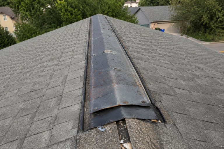 Weathered metal ridge vent on an asphalt shingle roof with rust, peeling edges, and an open damaged end that suggests the vent may need replacement.