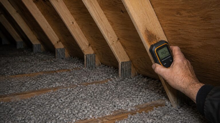 Hand holding a pinless moisture meter against a stained roof rafter inside an attic with insulation and exposed framing.