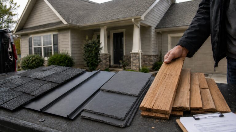 Homeowner comparing asphalt shingles, standing-seam metal roofing, natural slate tiles, and cedar shakes outside a suburban house.