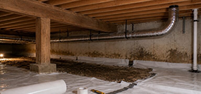 Crawl space encapsulation in progress with a partially installed vapor barrier, stained foundation wall, damp soil, support beam, joists, ductwork, and work materials.