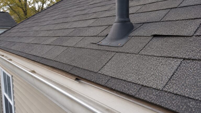 Close-up of an asphalt shingle roof showing a poorly installed vent boot, uneven shingle alignment, and an exposed nail near the roof edge.