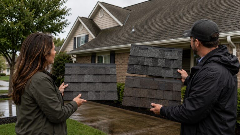 A homeowner and roofing contractor compare three asphalt shingle sample boards beside a house with a weathered roof after light rain.