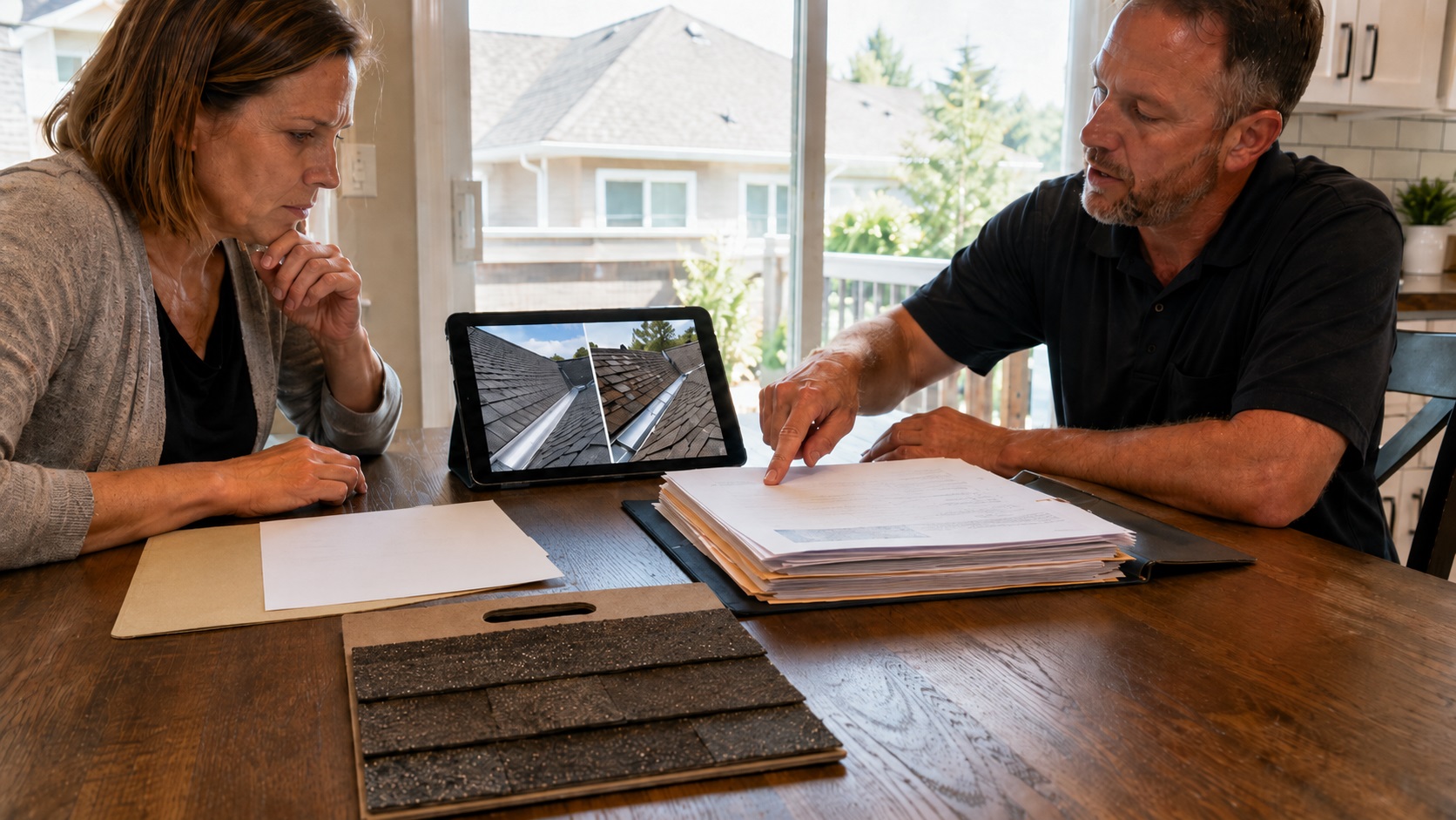 Homeowner and roofing contractor comparing warranty documents, roof installation photos, and an asphalt-shingle sample at a kitchen table.
