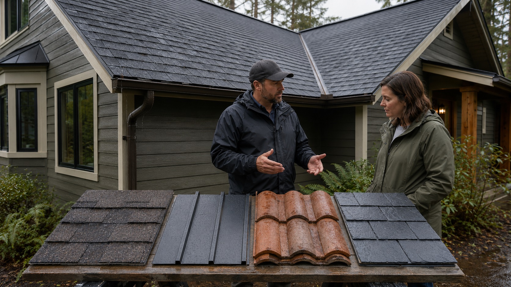 Roofing contractor and homeowner comparing asphalt shingles, standing-seam metal, clay tile, and slate-style roofing beside a rain-dampened house.