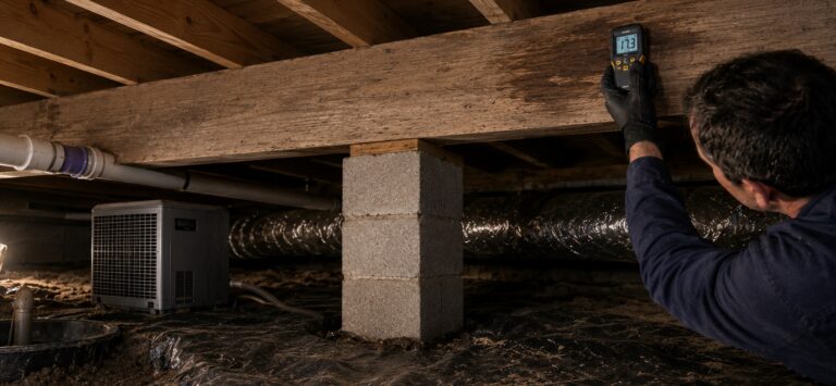 Contractor uses a moisture meter on a stained crawl space beam above a cinder block pier, with dirty vapor barrier, dehumidifier, and work light nearby.
