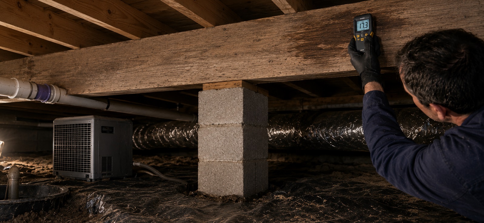 Contractor uses a moisture meter on a stained crawl space beam above a cinder block pier, with dirty vapor barrier, dehumidifier, and work light nearby.