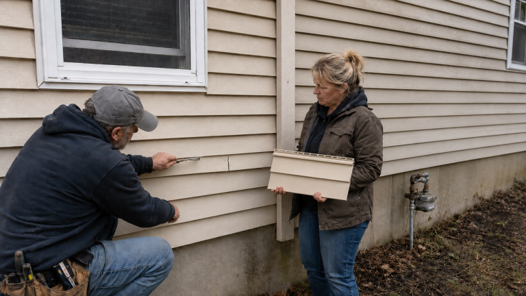 Contractor inspecting a localized crack in beige vinyl siding while a homeowner holds a matching replacement panel.