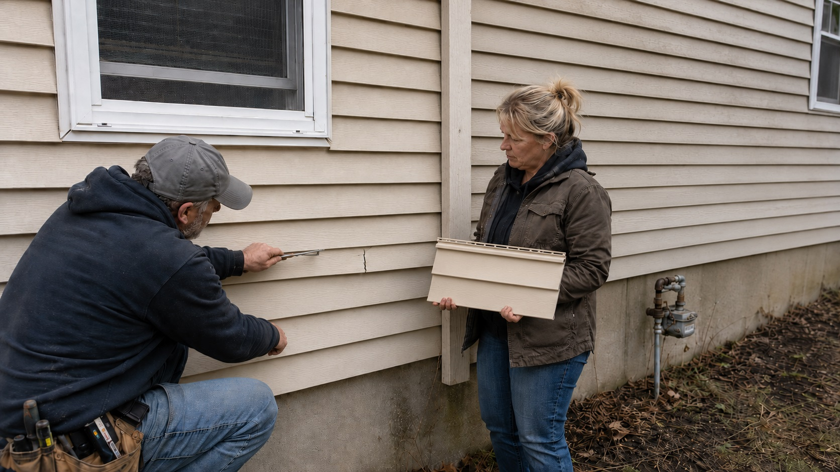 Contractor inspecting a localized crack in beige vinyl siding while a homeowner holds a matching replacement panel.