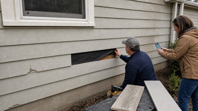 Contractor lifting the water-resistive barrier behind a removed fiber cement siding plank while a homeowner documents the inspection.