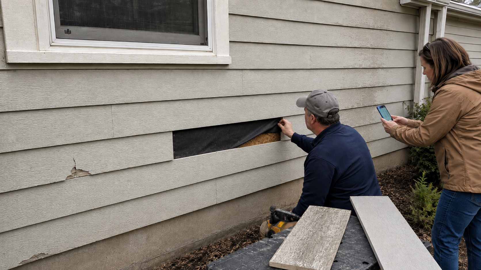Contractor lifting the water-resistive barrier behind a removed fiber cement siding plank while a homeowner documents the inspection.