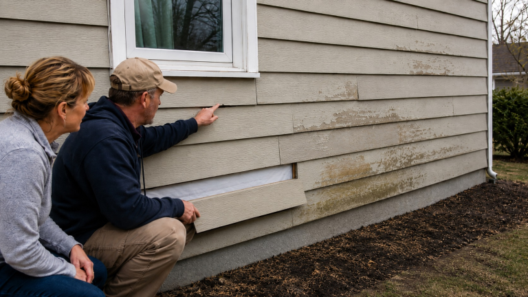 A contractor and homeowner inspect cracked and deteriorated horizontal siding, with one plank loosened to reveal unbranded housewrap beneath.