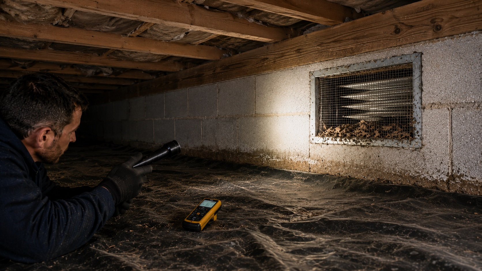 Inspector checks a blocked crawl space foundation vent with a flashlight while a moisture meter rests on the vapor barrier below insulated floor joists.