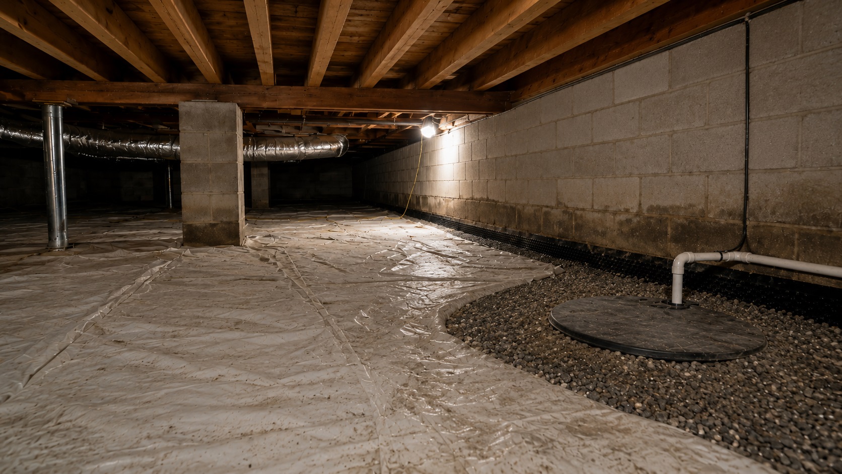 A crawl space with a wrinkled vapor barrier, gravel drainage area, sump basin lid, discharge pipe, foundation wall, support pier, and aged floor joists.