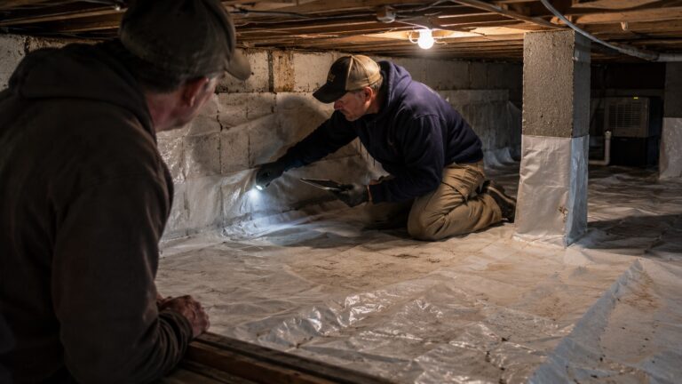 A crawl space encapsulation contractor kneels on a white vapor barrier with a flashlight and clipboard while a homeowner watches from the access opening.