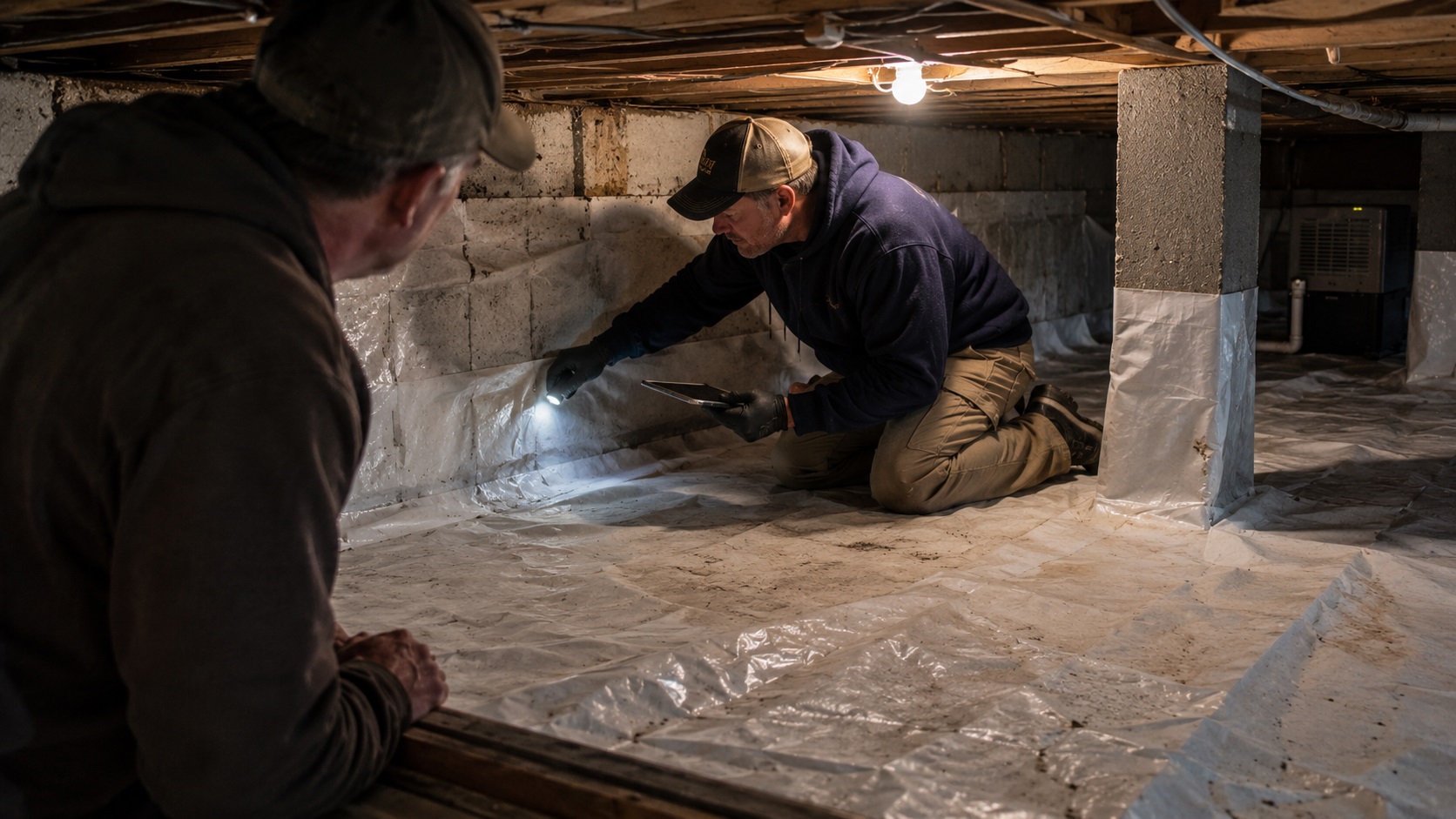 A crawl space encapsulation contractor kneels on a white vapor barrier with a flashlight and clipboard while a homeowner watches from the access opening.
