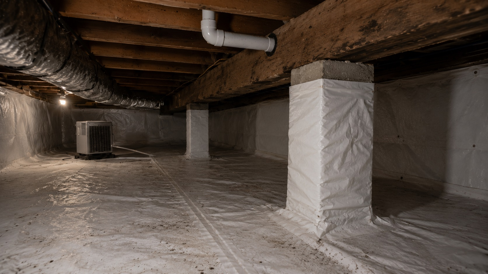 Encapsulated crawl space with sealed vapor barrier, wall liner, wrapped support piers, aged floor joists, ductwork, plumbing, work light, and dehumidifier.