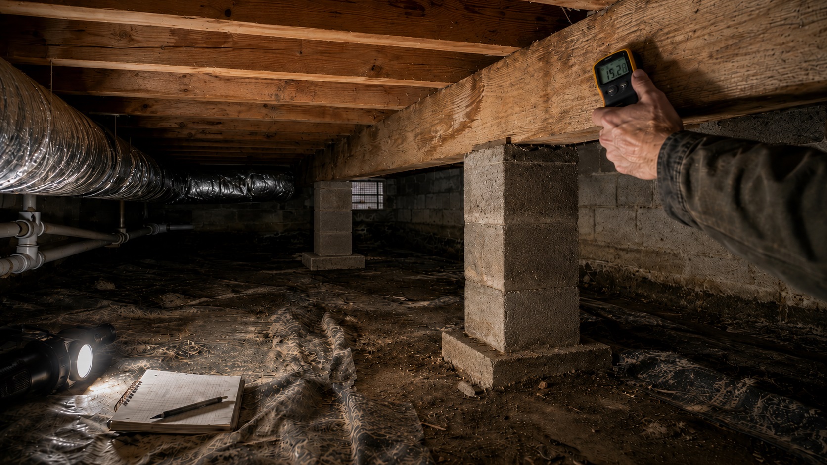 Inspector using a moisture meter on a crawl space beam before encapsulation, with cinder block supports, torn vapor barrier, exposed soil, ducts, and inspection tools visible.