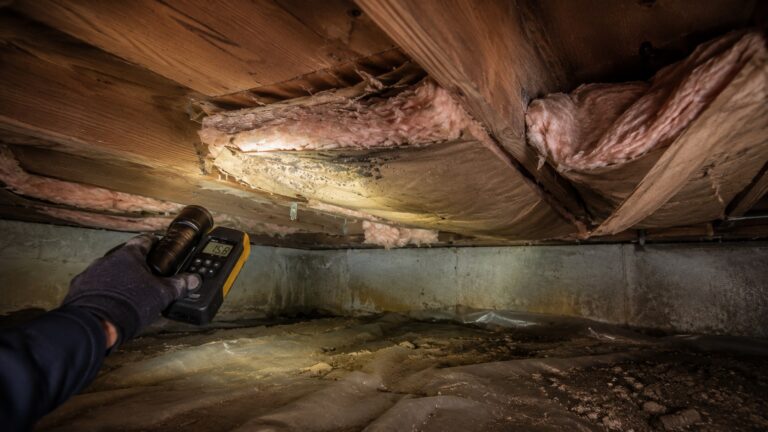 Contractor uses a flashlight and moisture meter to inspect sagging, moisture-damaged crawl space insulation between floor joists.