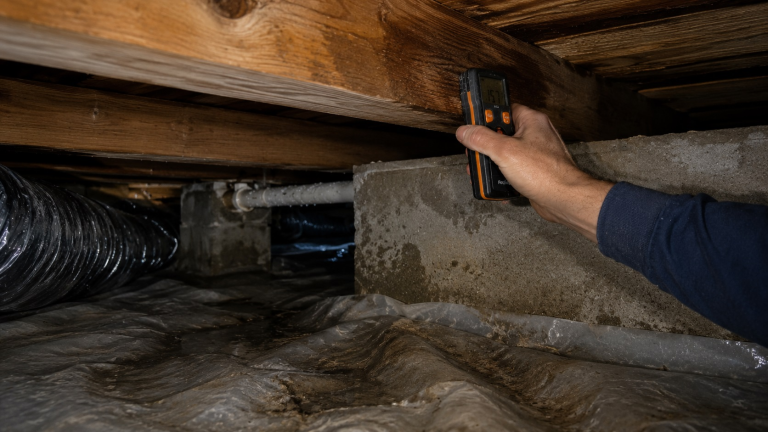 Hand pressing a moisture meter against a wooden joist in a damp crawl space with vapor barrier, foundation wall, pipe, and ductwork nearby.
