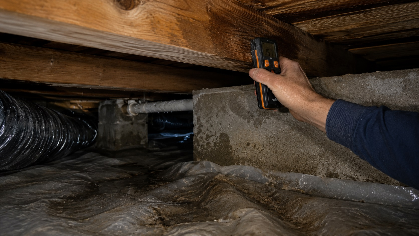 Hand pressing a moisture meter against a wooden joist in a damp crawl space with vapor barrier, foundation wall, pipe, and ductwork nearby.