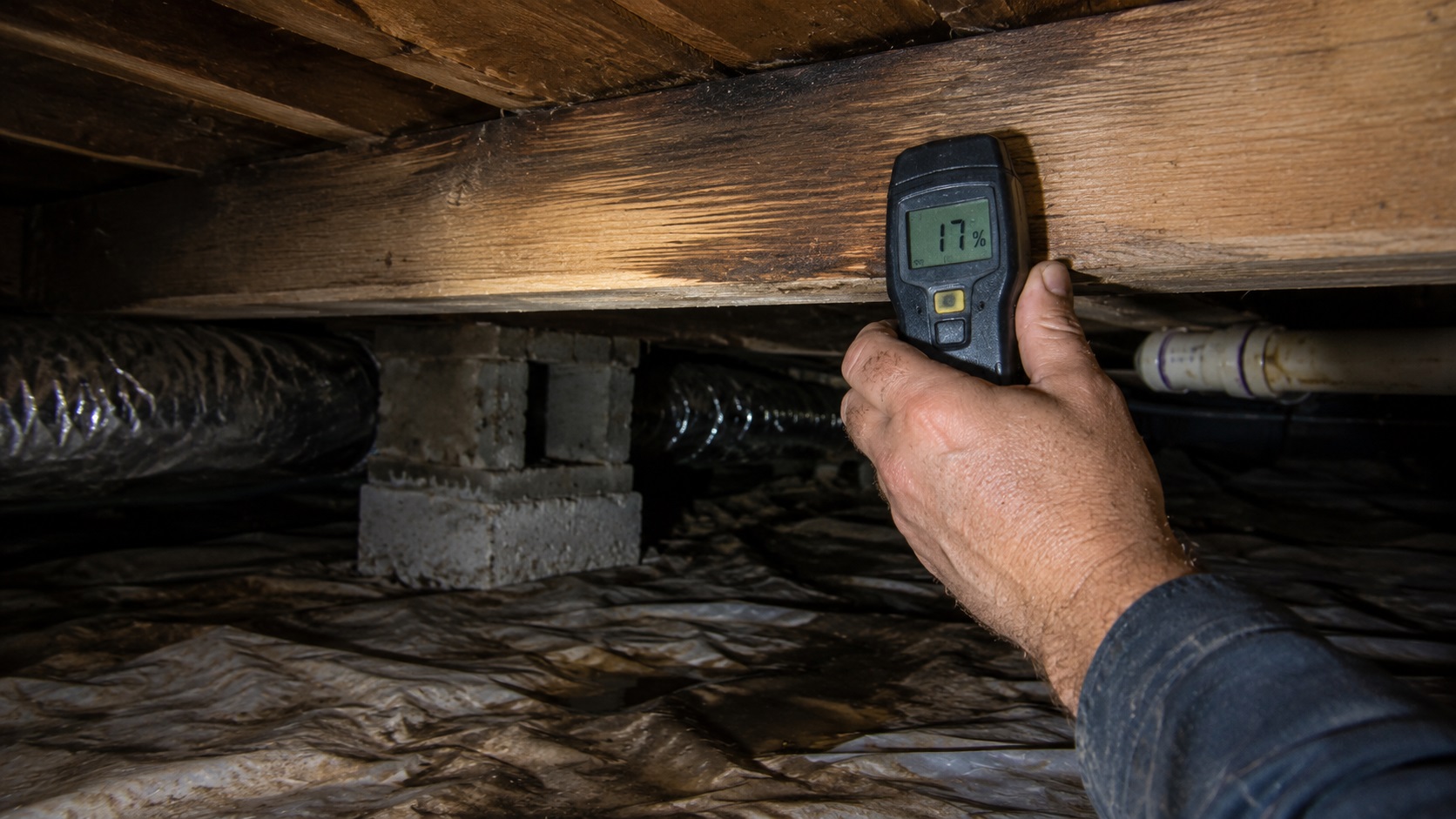 Hand holding a moisture meter against a stained crawl space floor joist during a moisture damage inspection.