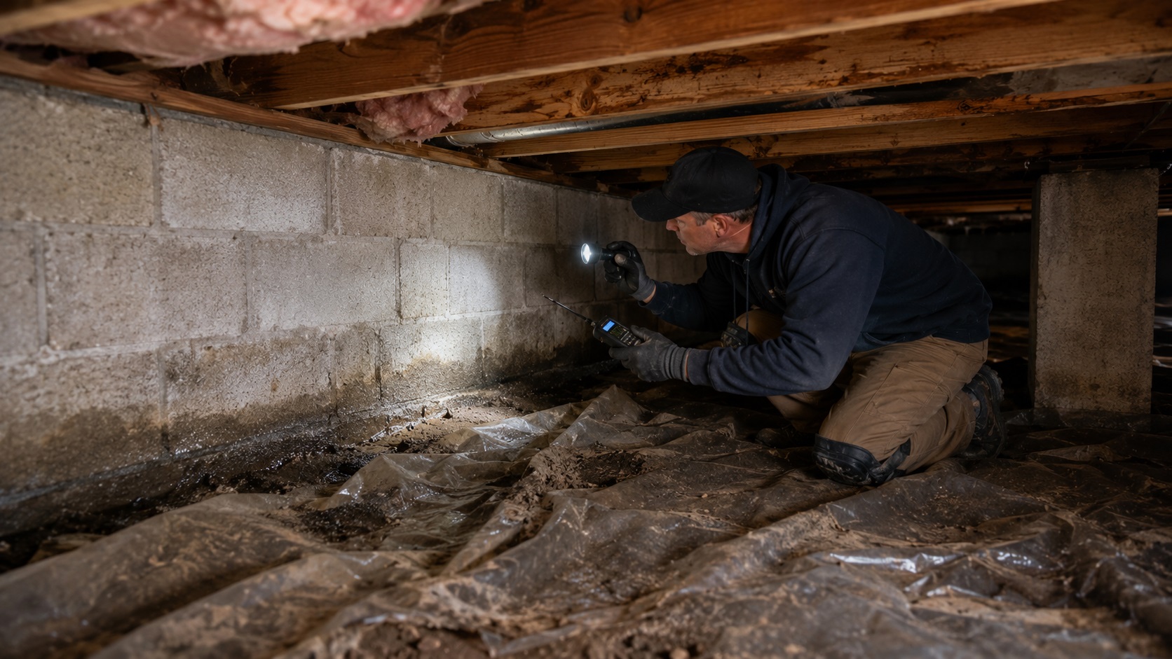 Crawl space repair specialist kneeling under a home with a flashlight and moisture meter while inspecting damp soil, stained framing, and a damaged vapor barrier.