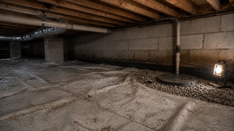 Crawl space with a wrinkled vapor barrier, sump basin, gravel drainage area, discharge pipe, block foundation wall, and work light for standing water prevention.