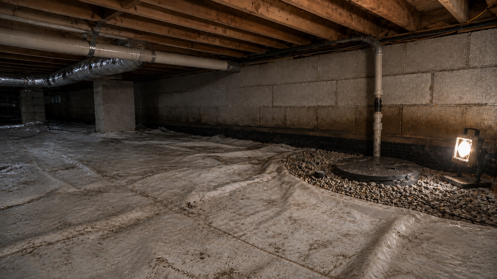 Crawl space with a wrinkled vapor barrier, sump basin, gravel drainage area, discharge pipe, block foundation wall, and work light for standing water prevention.