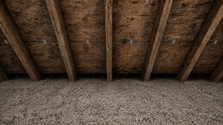 Aged attic roof decking with rafters, visible H-clips, and blown-in insulation with a subtle damp patch below the roof seam.