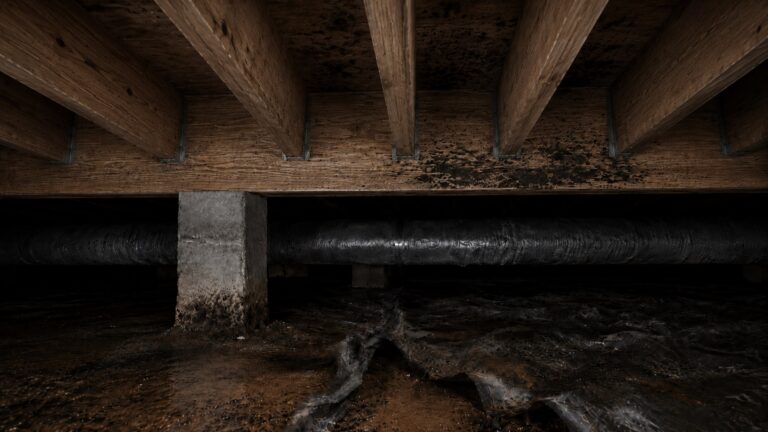 Damp crawl space with deep floor joists, joist hangers, torn vapor barrier, exposed soil, ductwork, and mold-stained wood framing.
