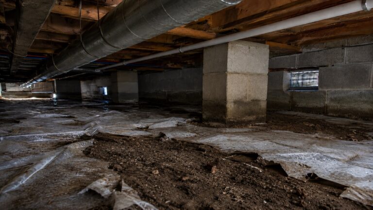 Low view of a damp crawl space with torn vapor barrier, exposed soil, concrete block piers, foundation vents, pipes, and mild moisture staining.