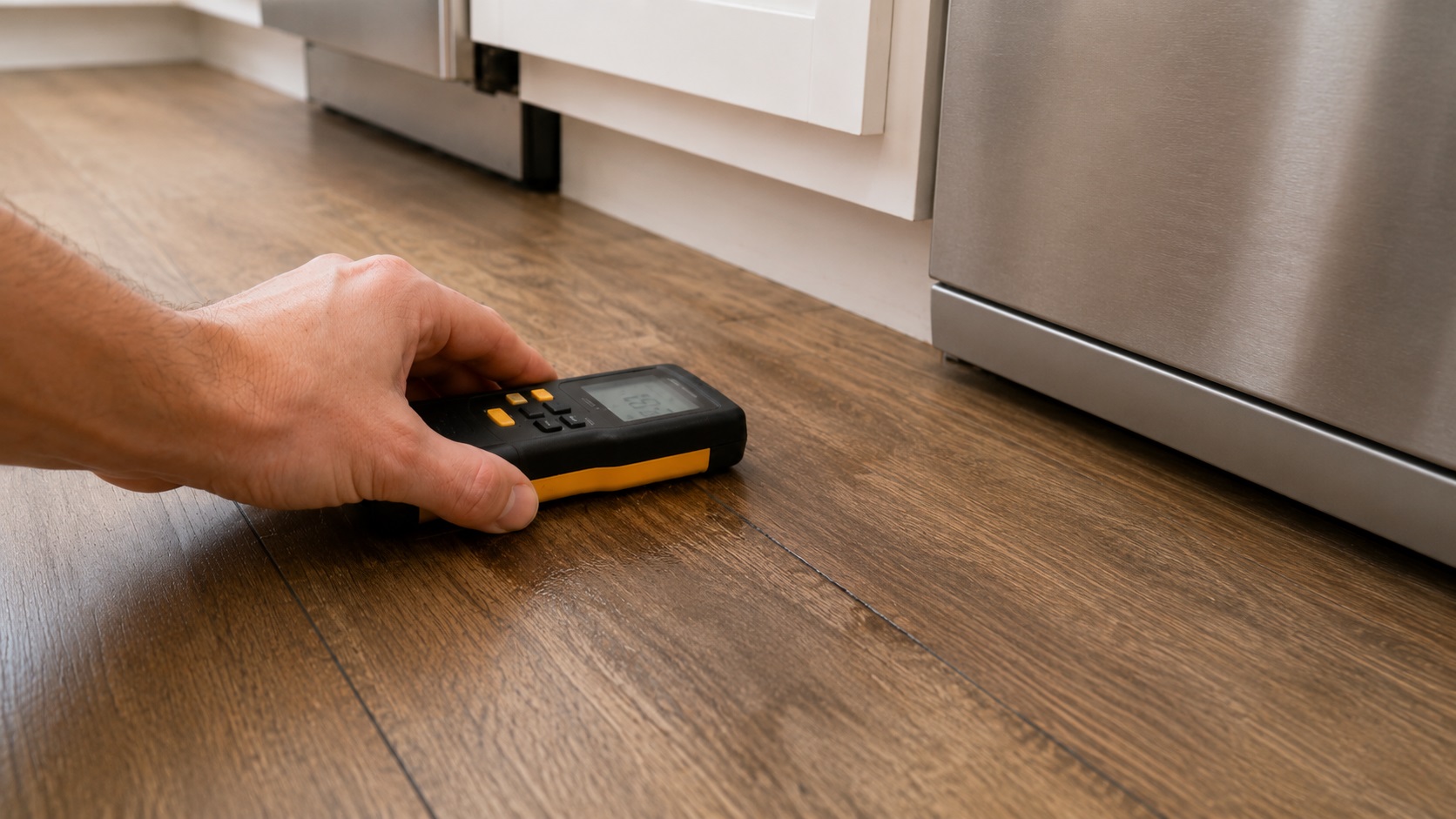 Hand holding a pinless moisture meter flat against wood-look kitchen flooring near a stainless appliance and white cabinets.