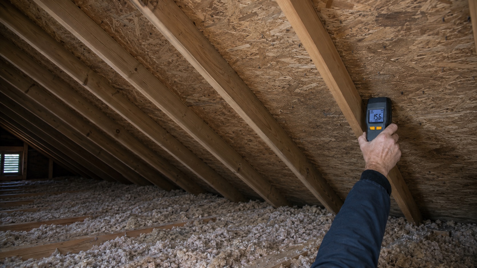 A hand holds a moisture meter against attic roof sheathing with rafters, dusty insulation, nail tips, and faint condensation staining visible.