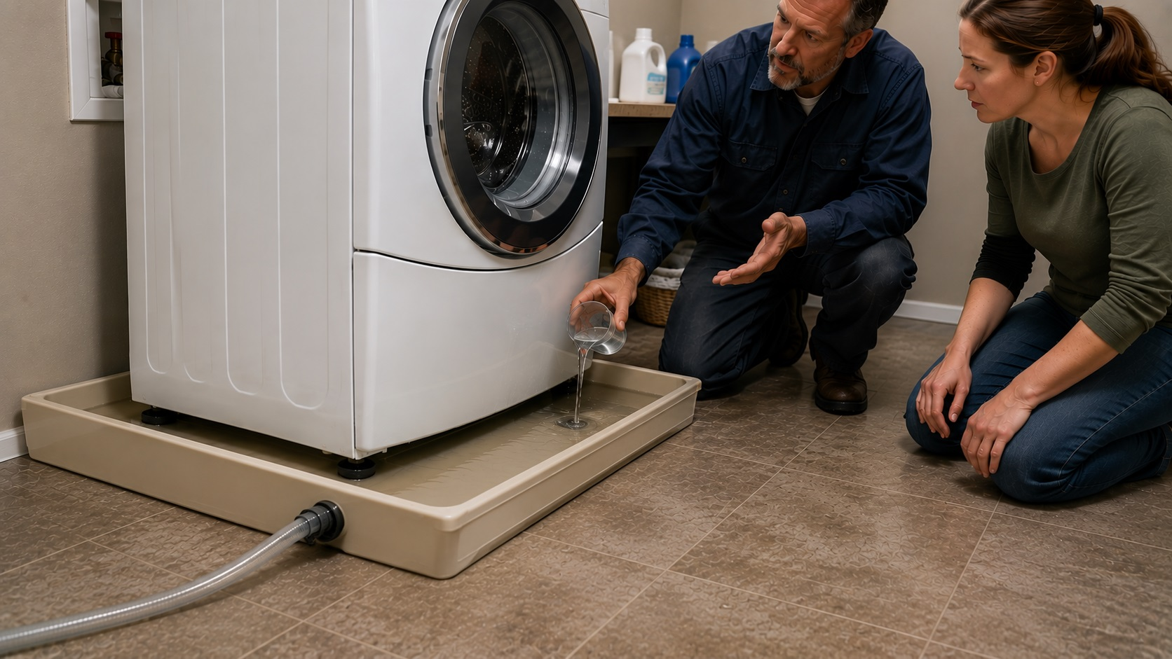 A plumber and homeowner inspect a washing machine sitting inside a drainable leak pan while water is poured into the pan to demonstrate how it drains safely.