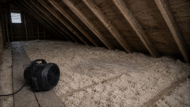 Compact fan drying a mildly damp area of blown fiberglass insulation in a dusty attic with exposed rafters and roof sheathing.