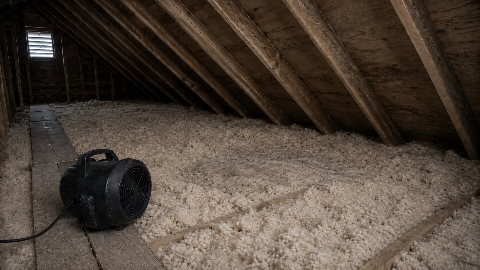 Compact fan drying a mildly damp area of blown fiberglass insulation in a dusty attic with exposed rafters and roof sheathing.