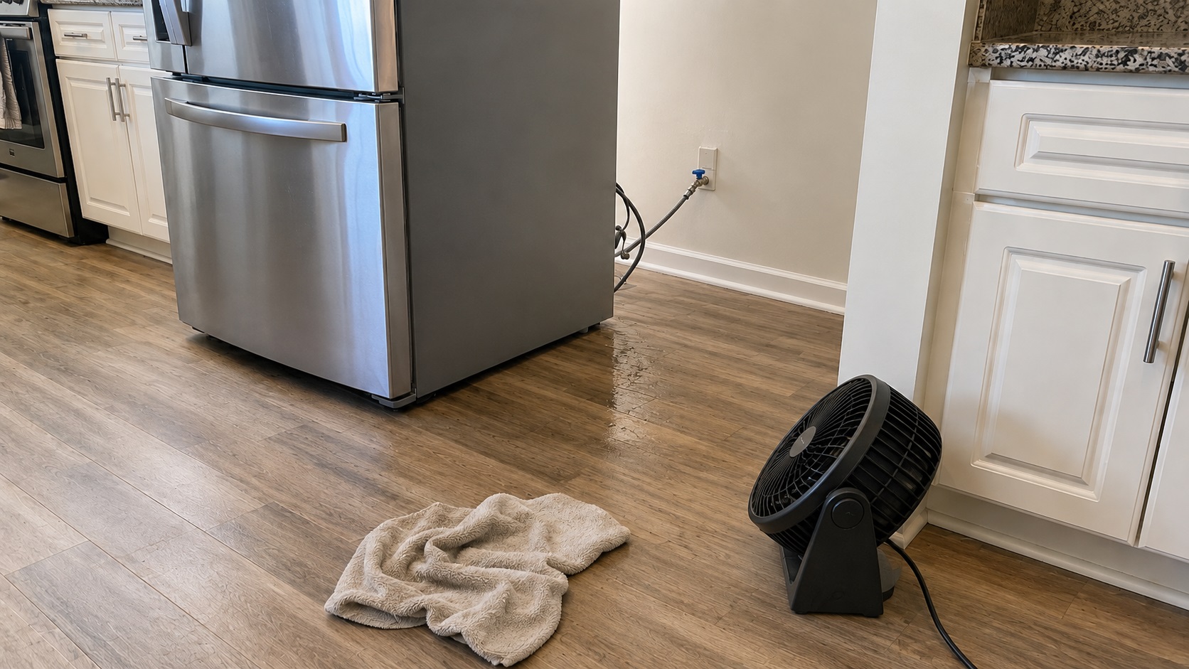 Refrigerator pulled away from the wall with a fan and towel drying a small damp area on wood-look kitchen flooring.