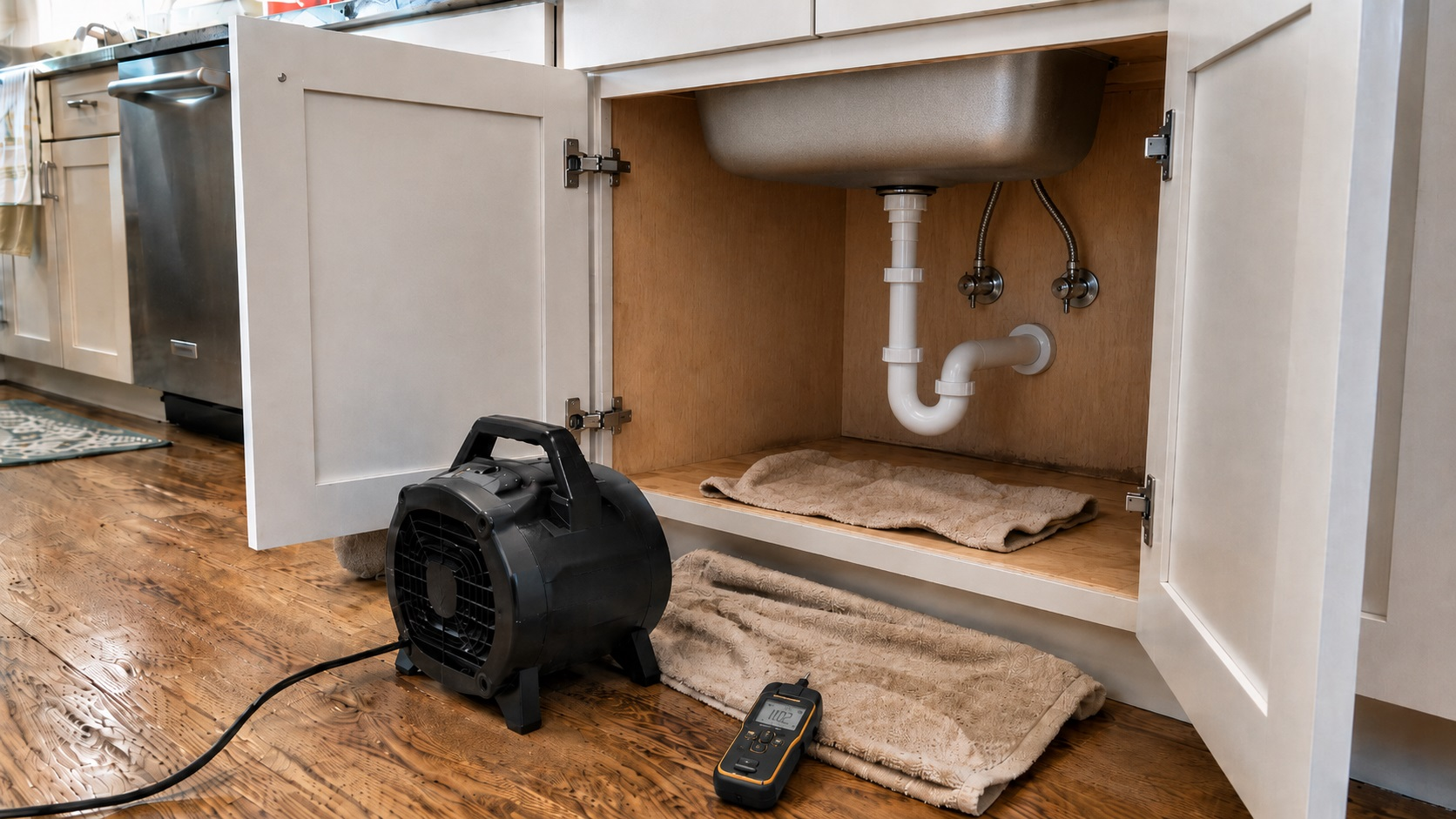 Open kitchen sink cabinet with towels, a fan, and a moisture meter drying minor dampness after a small leak.