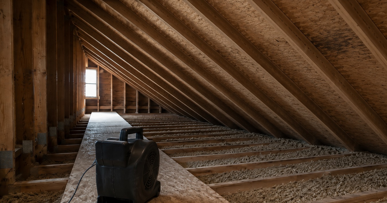 Compact fan and moisture meter on an attic walkway aimed toward mildly stained roof sheathing and rafters during structural drying.