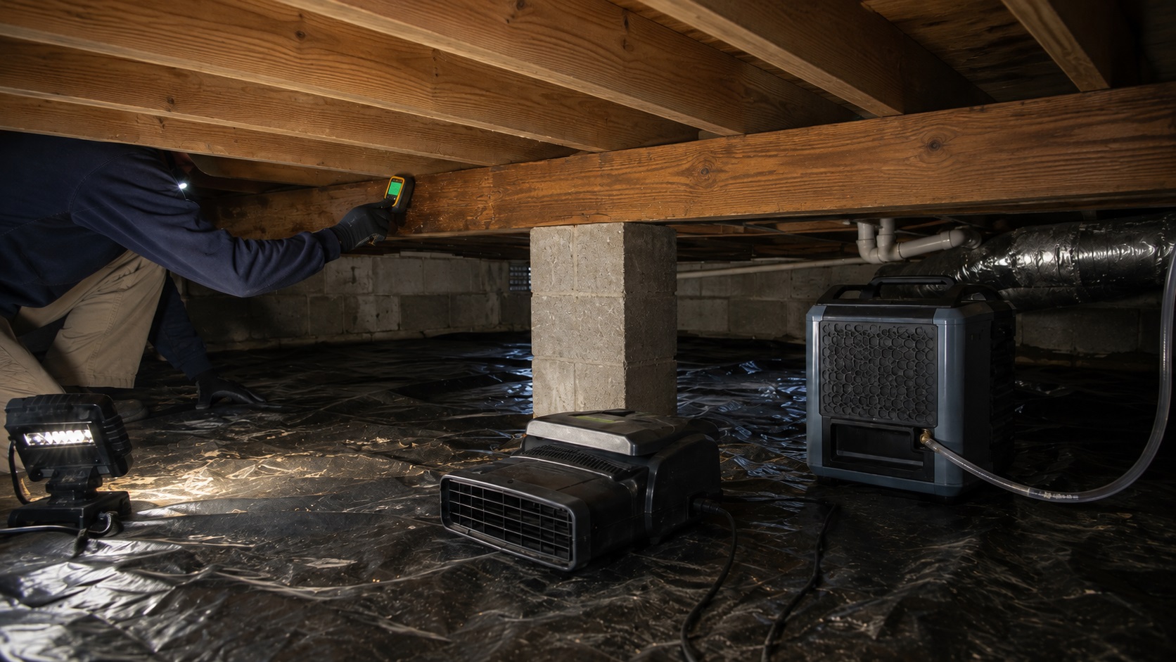 Technician checking a damp wooden beam with a moisture meter while an air mover and dehumidifier dry a residential crawl space.