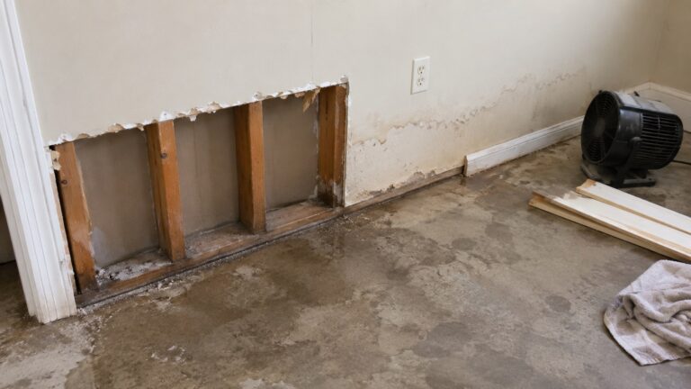Flood-damaged drywall with the lower wall section removed, exposed wood studs, water staining, damp floor patches, and drying equipment nearby.