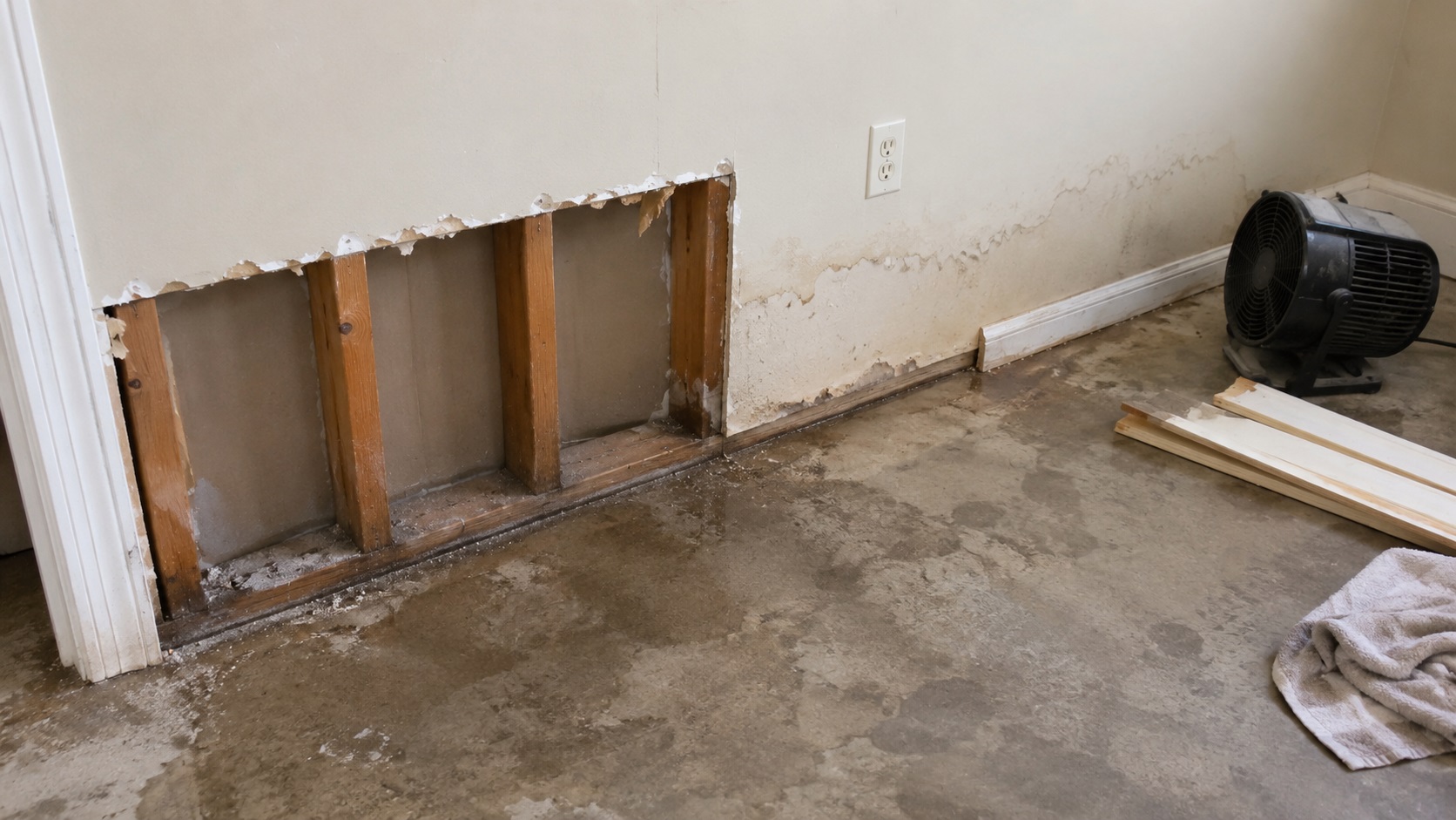 Flood-damaged drywall with the lower wall section removed, exposed wood studs, water staining, damp floor patches, and drying equipment nearby.