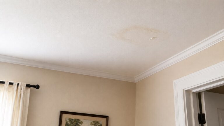 Early roof leak sign showing a brown water stain and peeling paint on a finished room ceiling near the wall.