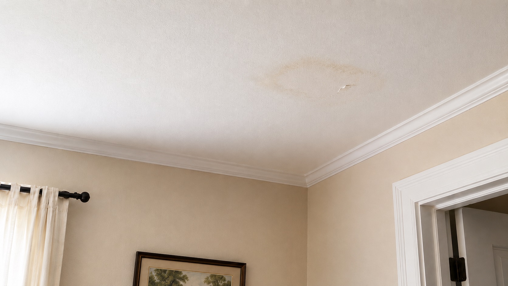 Early roof leak sign showing a brown water stain and peeling paint on a finished room ceiling near the wall.