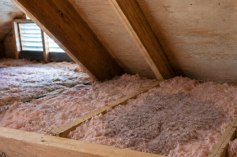 Residential attic with pink fiberglass insulation showing a subtle darker compressed moisture patch beneath plywood roof sheathing with visible roofing nails.