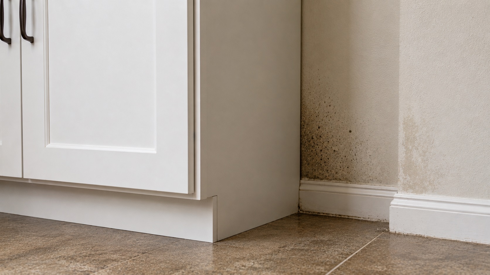 Low-angle view of a kitchen cabinet corner with subtle mold speckling and damp staining near the wall and floor seam.