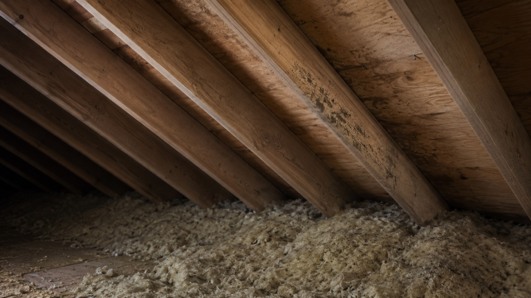 Attic rafters with localized mold speckling, moisture staining on roof sheathing, and insulation crowded near the eaves.